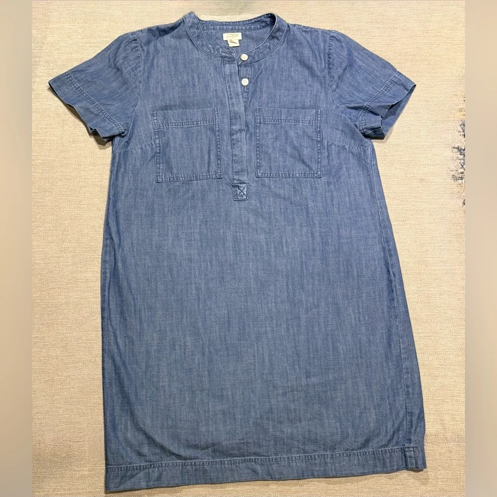 J. Crew Blue Chambray Shift Dress Button Short Sleeve Knee Length - Picture 2 of 6